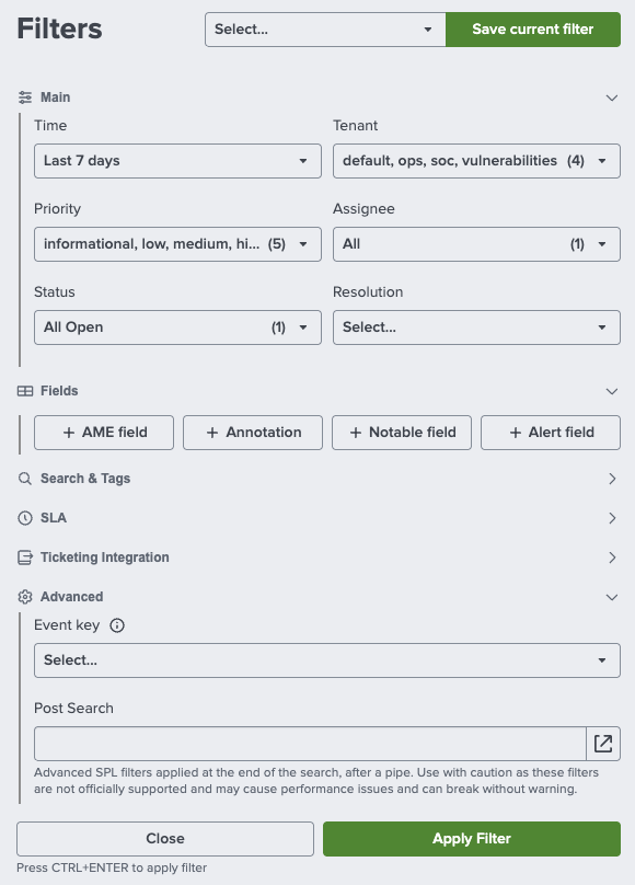 AME 3.9 filter UI