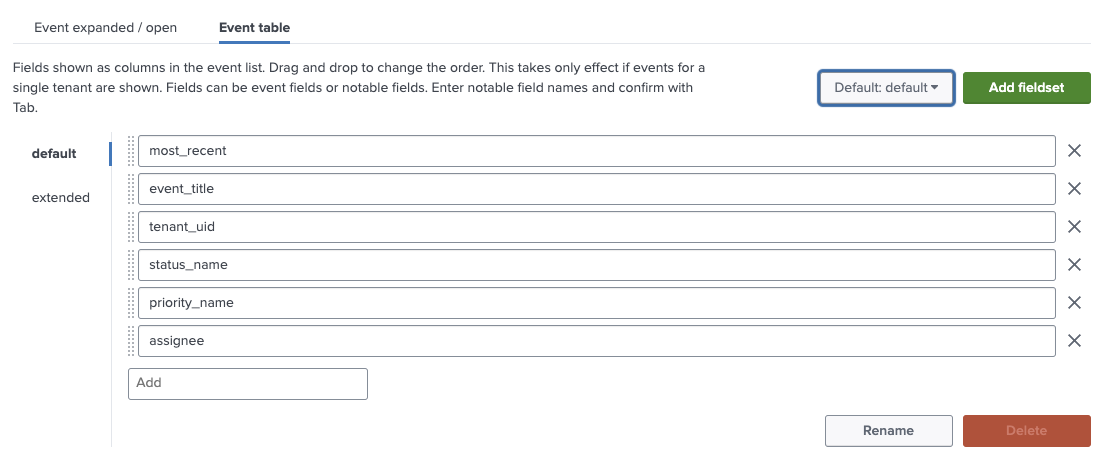 Event Table Settings