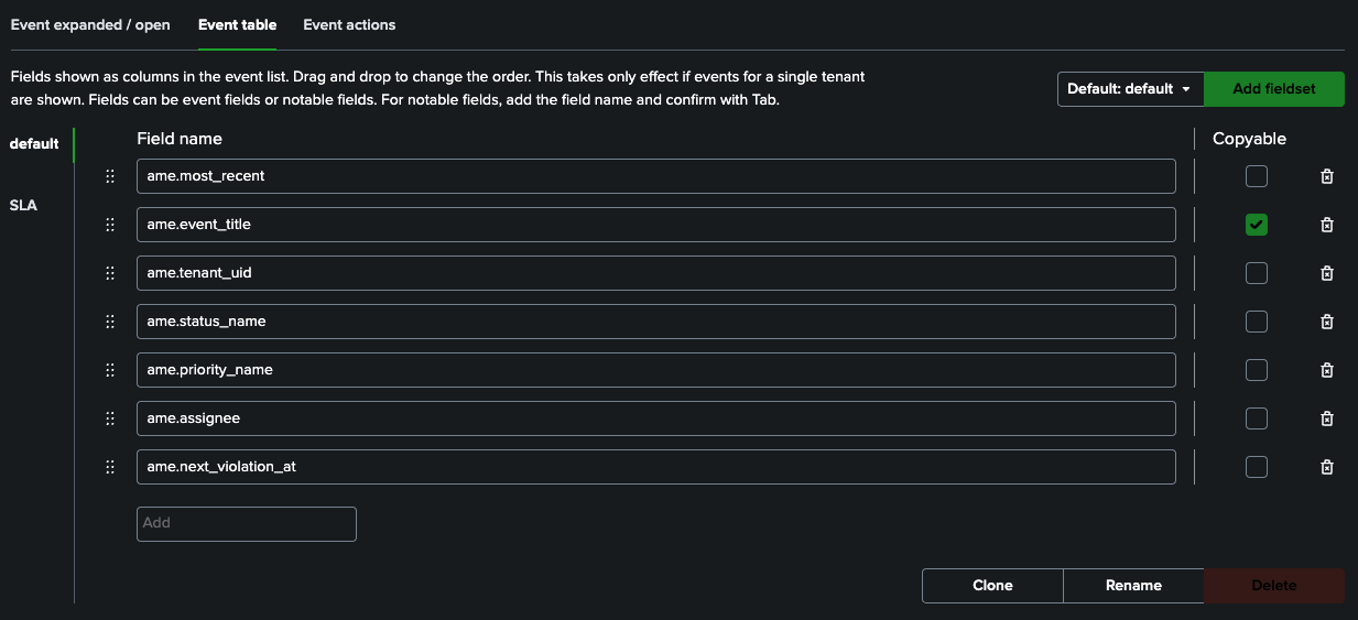 Event Table Settings