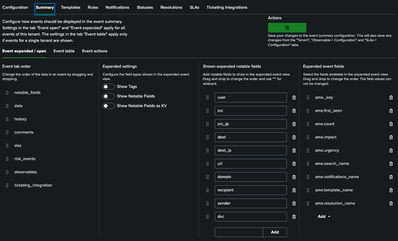 Event Summary Configuration Page