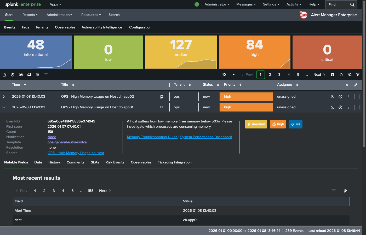 AME Event Summary Dashboard showing event list, details, and actions in dark mode