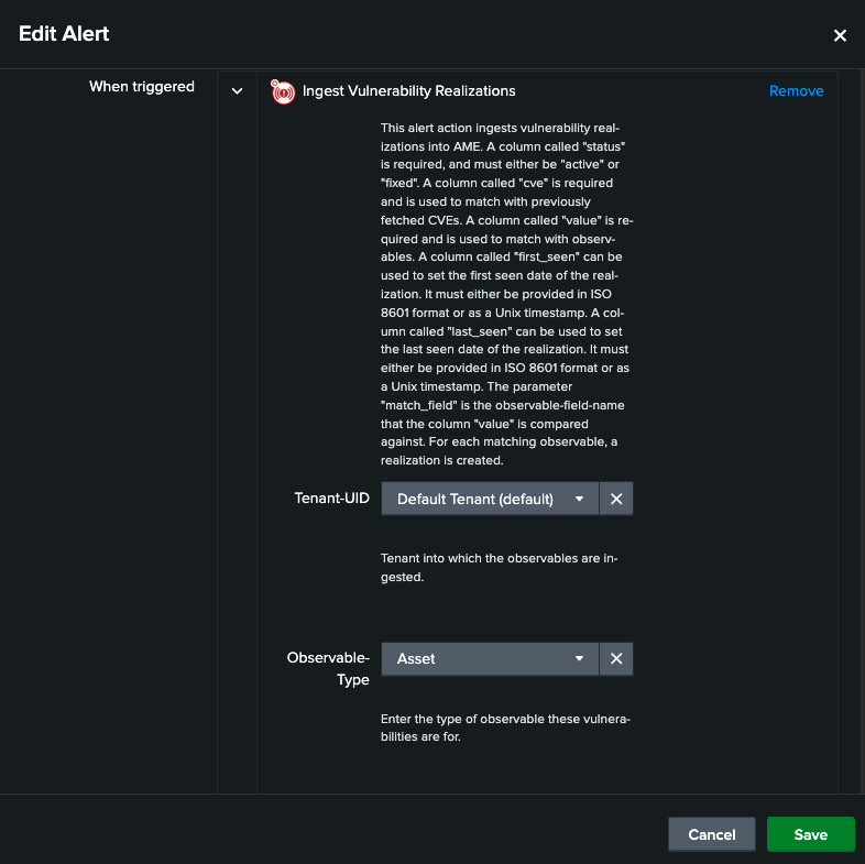Vulnerability Intelligence Alert Action Configuration