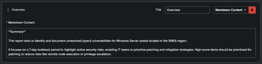 Report content configuration - Markdown