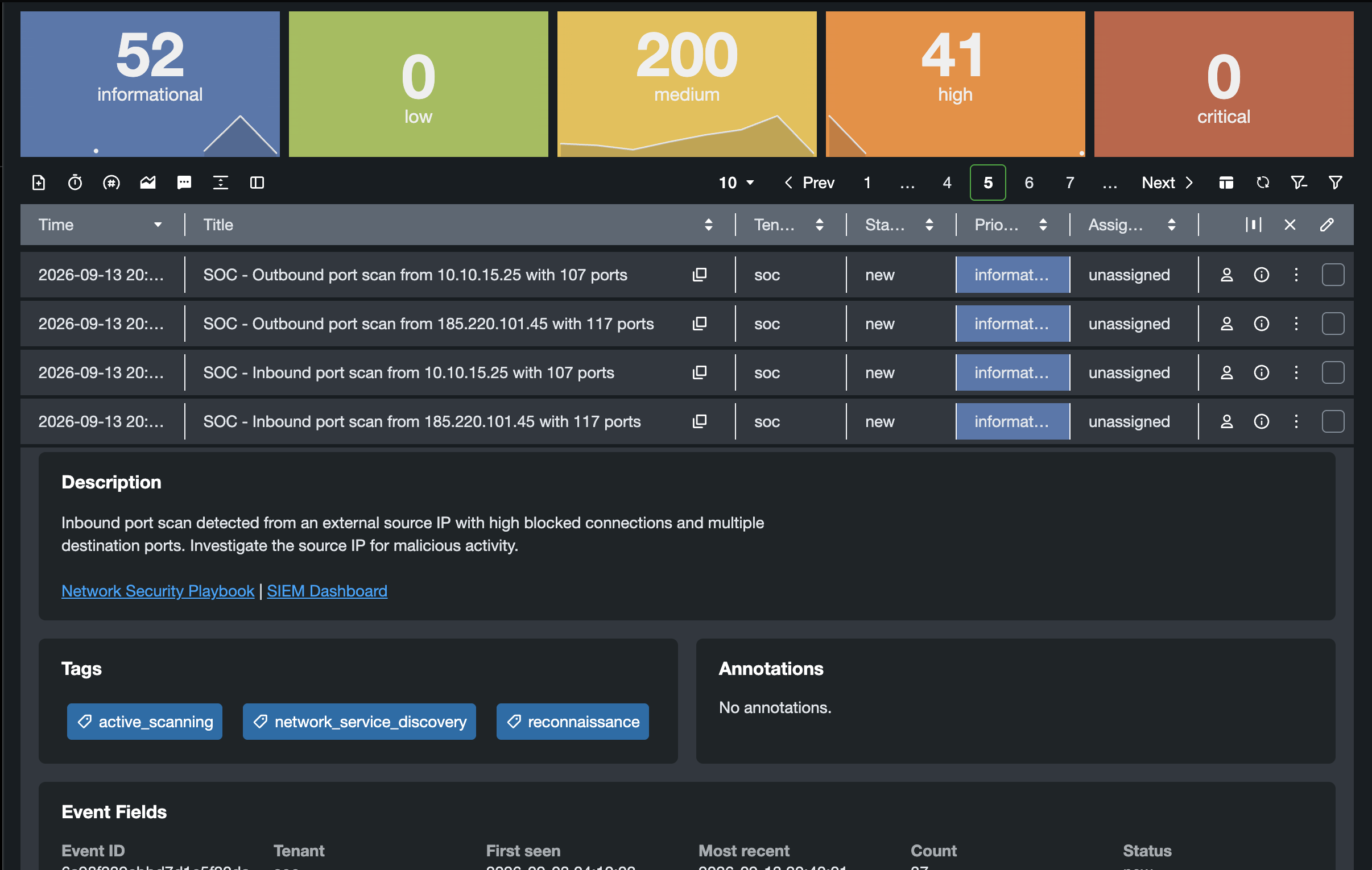 Explorer table showing an event queue with details expanded below the selected event
