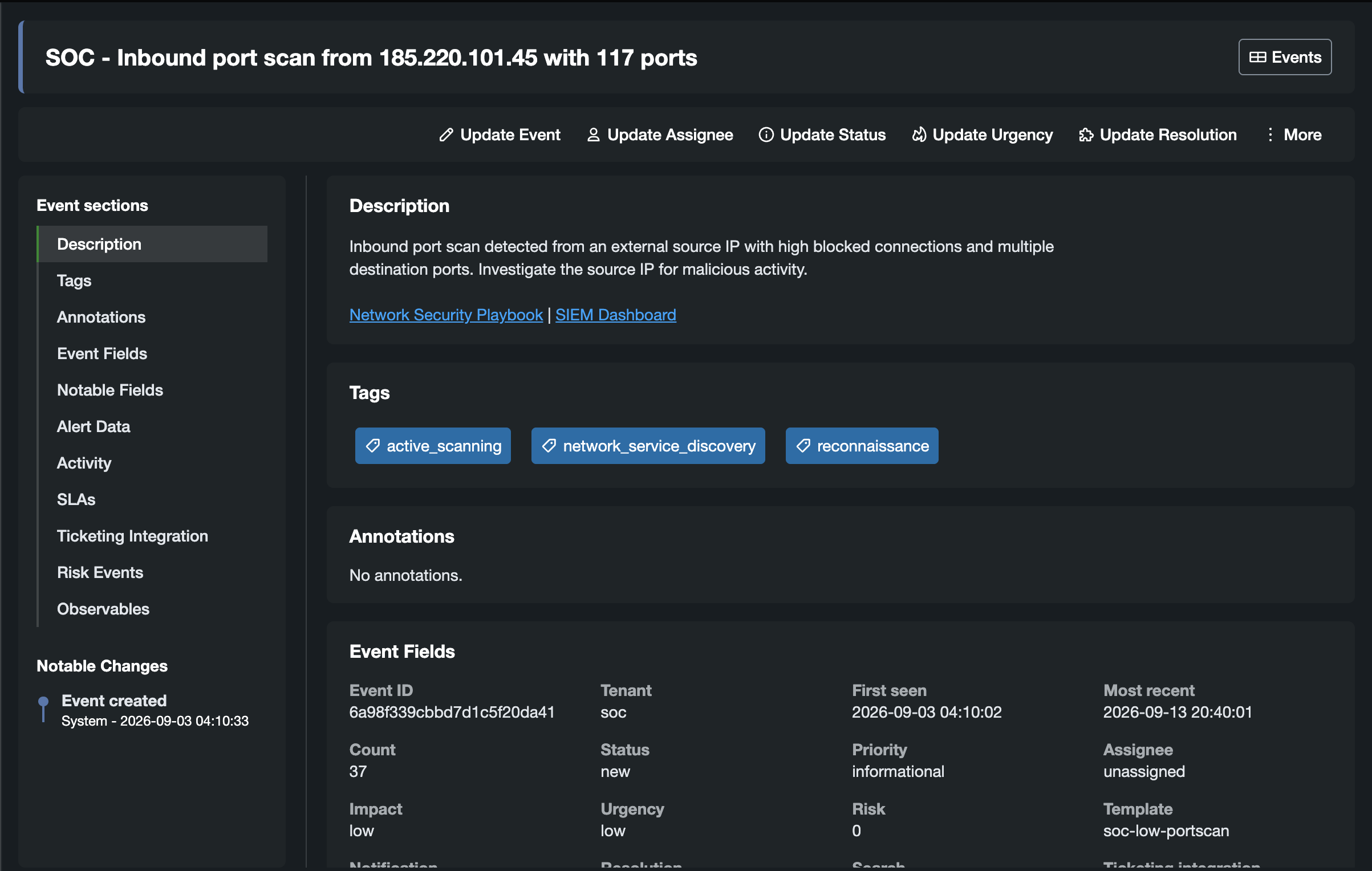 Event workbench focused on one event, with section navigation, workflow actions, and investigation details